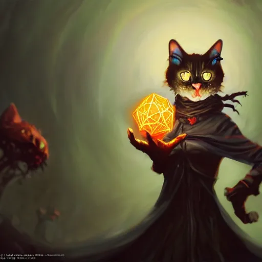 Image similar to Oil Painting of Cat Witch, Anthropomorphized, evil grin , magic the gathering artwork, horror, D&D, fantasy, cinematic lighting, centered, symmetrical, highly detailed, digital painting, artstation, concept art, smooth, sharp focus, illustration, volumetric lighting, epic Composition, 8k, art by Akihiko Yoshida and Greg Rutkowski and Craig Mullins, oil painting, cgsociety