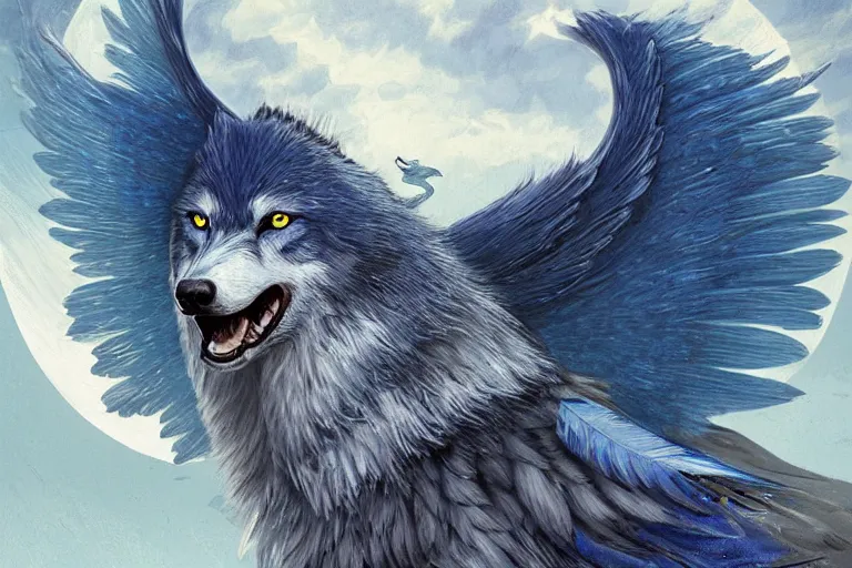 Image similar to Blue feathered wolf with wings on a beautiful fantasy landscape, hills, mountains, moonlit, HD, illustration, epic, D&D, fantasy, intricate, elegant, highly detailed, digital painting, artstation, concept art, smooth, sharp focus, illustration, wallpaper, art by artgerm and greg rutkowski and alphonse mucha and jin xiaodi