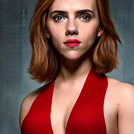 Image similar to a woman who is a genetic combination of scarlett johansson and emma watson face and upper - body focus