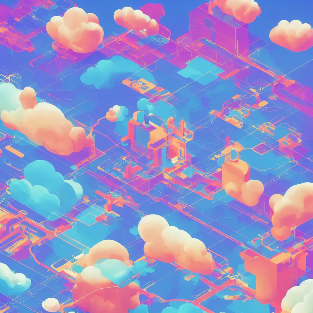 Image similar to a simple micro-service deployed to a public cloud, security, attack vector, trending on Artstation, painting by Jules Julien, Leslie David and Lisa Frank, muted colors with minimalism