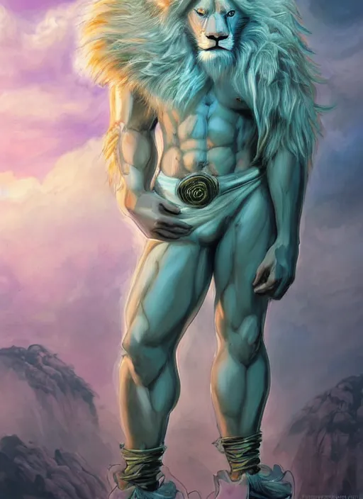 Image similar to aesthetic portrait commission of a of a male fully furry muscular anthro albino lion with a tail and a beautiful attractive hyperdetailed face wearing stylish and creative mint outfit made out of silk in a sci - fi dystopian city at golden hour while it storms in the background. character design by dittmann, anna, detailed, inked, western comic book art, award winning film poster painting