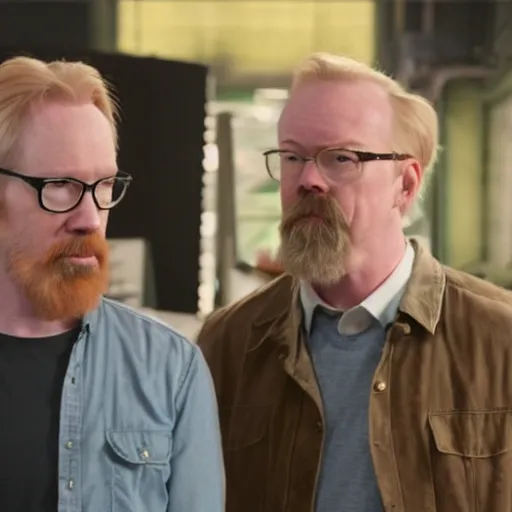 Image similar to photorealistic Adam Savage and Jamie Hyneman in Synopsis preceding scene cut released from episode 10 good morning of the TV anime Chihiro days broadcast on Tuesday March 9