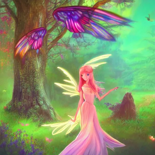 Image similar to fairy princess clothing store in a woodland grove, neon wings cute colorful pretty artistic girly avant garde 4 k artstation trending dramatic lighting high frequency noise