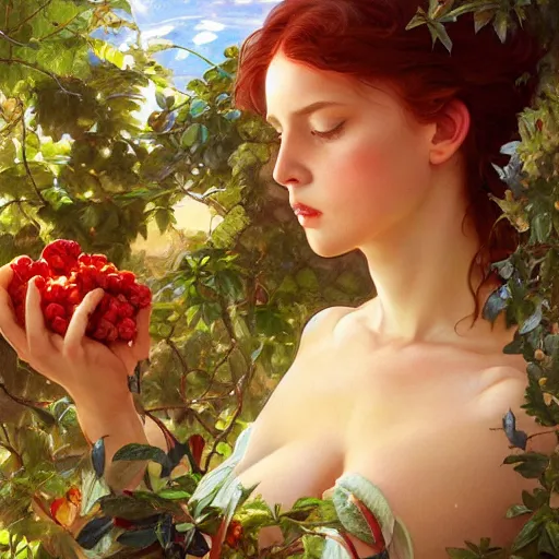 Image similar to eve eating fruit from the tree of knowedge of good and evil in the gardnen of eden, highly detailed, digital painting, artstation, concept art, smooth, sharp focus, illustration, artstation, art by artgerm, greg rutkowski, alphonse mucha, ilya repin and charlie bowater