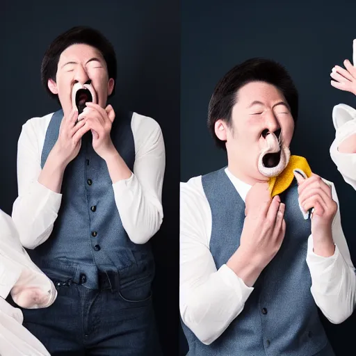 Image similar to portrait sneezing mid - sneeze midsneeze detective sneezing pikachu mid - sneeze wiping face with rag at a photoshoot studio lighting