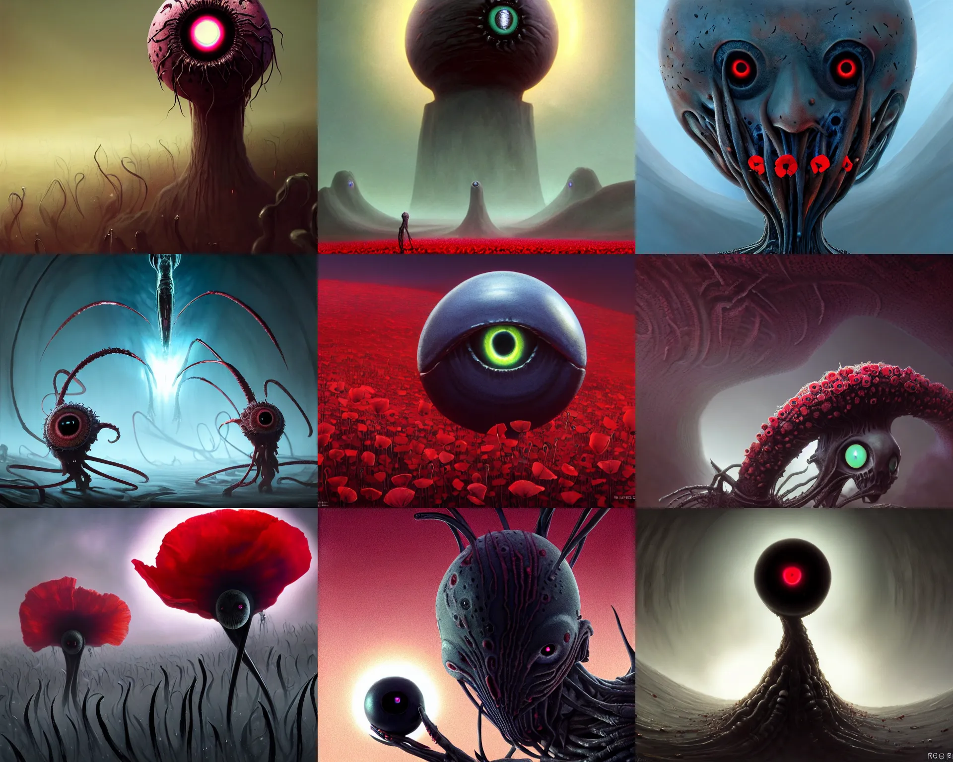 Prompt: poppies that look like evil eyeballs, heart eyeing pointed eyebrow pea eyeshadow star electric tear sleep nose arm knee circles faces mouth legged cinematic lighting, horror fiction, digital art, winning award masterpiece, fantastically beautiful, aesthetically inspired by wayne barlowe and gerald brom, trending on artstation, art by greg rutkowski and h r giger, octane render, 8 k,