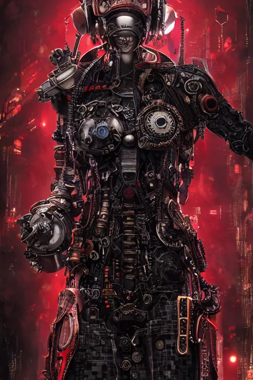 Prompt: Poster portrait of a cyberpunk steampunk dieselpunk sci-fi cyborg ninja, third person, D&D, sci-fi fantasy, pistons and bolts, intricate, black and red, highly detailed, art by Range Murata, highly detailed, 3d, octane render, bright colors, digital painting, trending on artstation, sharp focus, illustration style of Stanley Artgerm, highly detailed golden background in a cinematic style