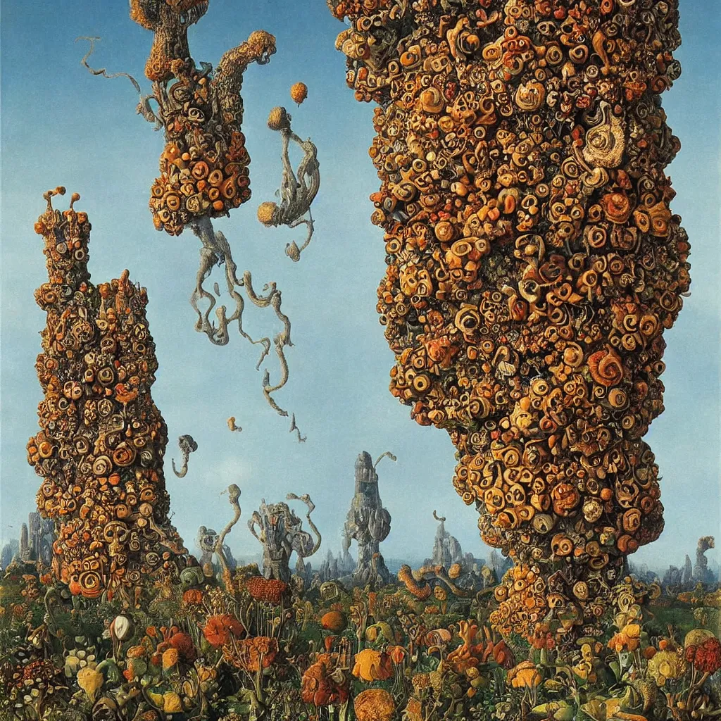 Image similar to a single colorful! ( lovecraftian ) fungus tower white! clear empty sky, a high contrast!! ultradetailed photorealistic painting by jan van eyck, audubon, rene magritte, agnes pelton, max ernst, walton ford, andreas achenbach, ernst haeckel, hard lighting, masterpiece