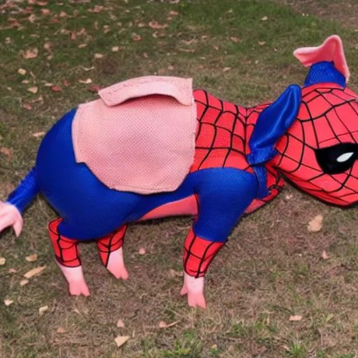 Image similar to pig in a spider - man costume