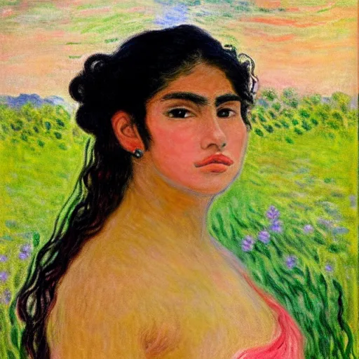 Prompt: beautiful tan mexican woman, landscape, prominent rosy cheek bones, black hair and brown eyes, monet and da vinchi art style,