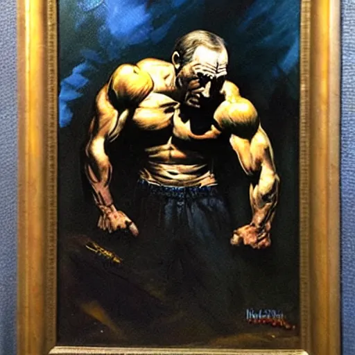 Prompt: frazetta painting of homeless vladimir putin on steroids, nighttime ,daytime , backlight , detailed visible brushmarks