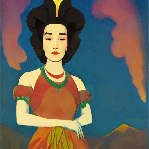 Image similar to an illustration of a fair skin with dark curly stylised hair queen wearing dress, by nicholas roerich, by frank frazetta by georgia o keeffe by frederick william elwell, by otomo, by hans emmenegger, by eyvind earle highly detailed, realistic, outline, line work concept art, jewels, oriental, stylised flat colors, animation