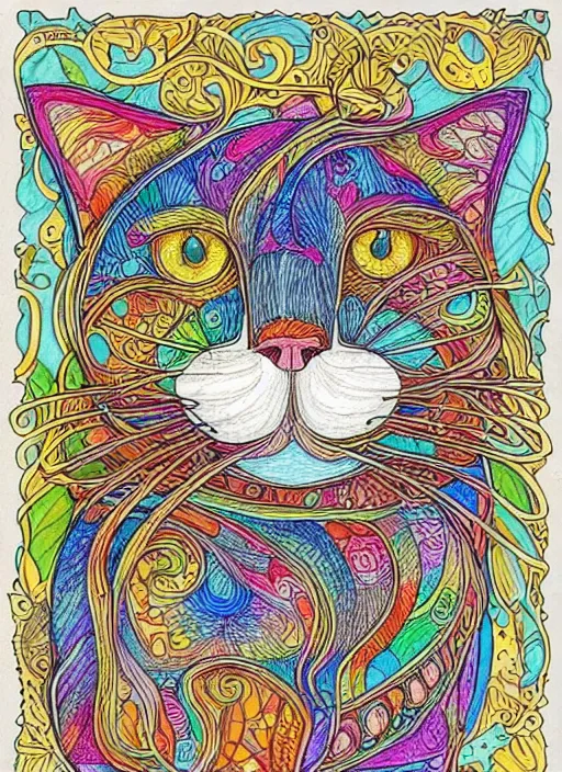 Prompt: medium : colored pencil, abstract cat, colouring page, ornamental, art nouveau, lineart, centered