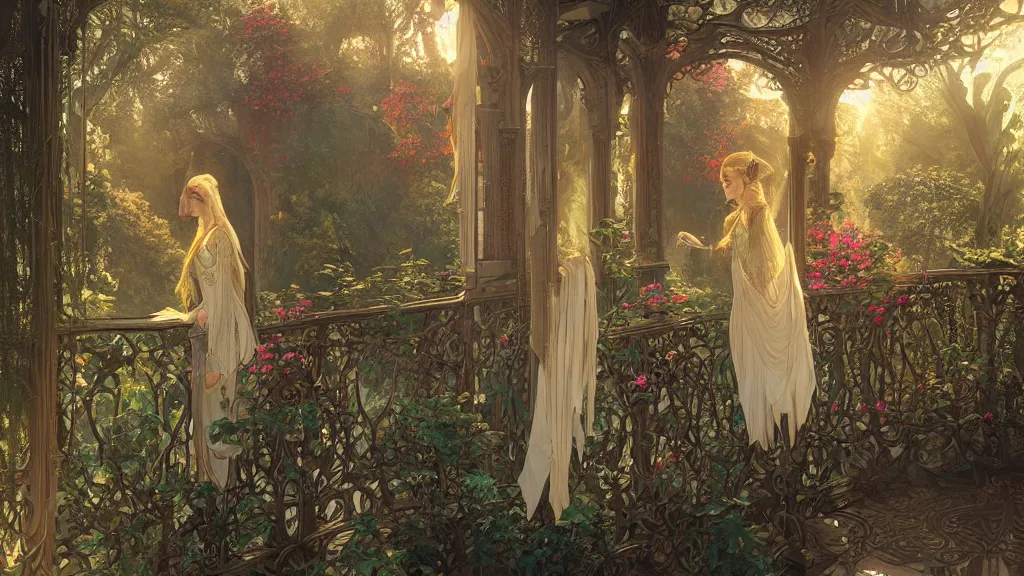 Image similar to a beautiful painting of a beautiful elven girl looking out from her balcony at art nouveau swiss chalet elven rivendell at sunrise, intricate, elegant, highly detailed, digital painting, artstation, concept art, by krenz cushart and artem demura and alphonse mucha