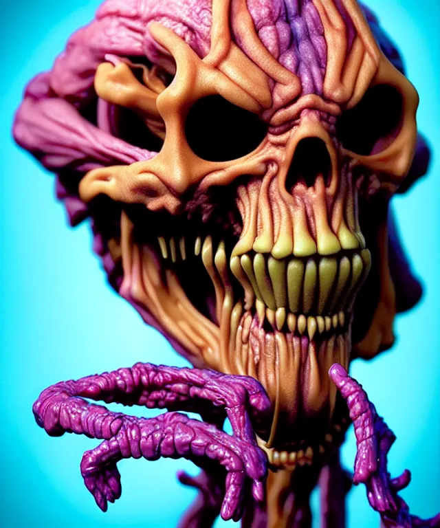 Image similar to hyperrealistic rendering, cronenberg flesh monster skeletor by art of skinner and richard corben and jeff easley, product photography, action figure, sofubi, studio lighting, colored gels