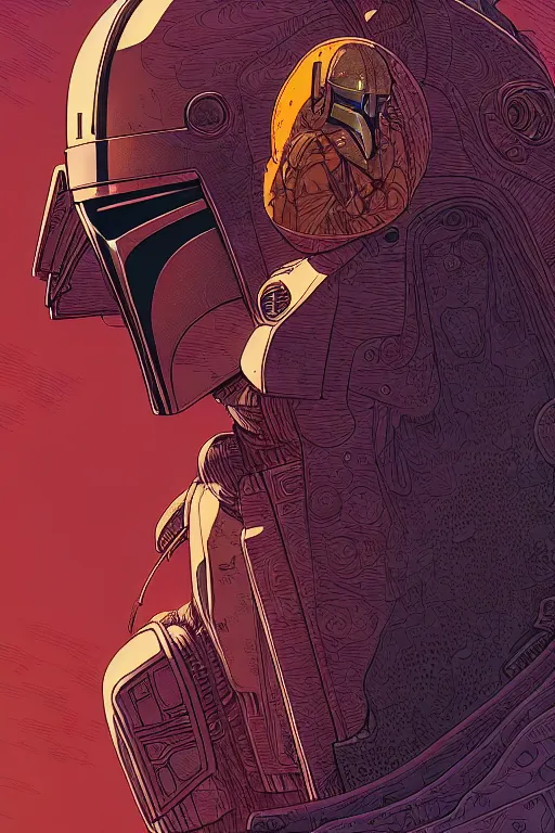 Prompt: closeup potrait of the mandalorian, intricate, volumetric lighting, moebius, geof darrow, frank miller, dan mumford, detailed illustration, digital art, victo ngai, kilian eng, vector art