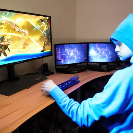 Prompt: a young guy in a blue hoodie who spent too much time playing video games with multiple monitors on his gaming setup