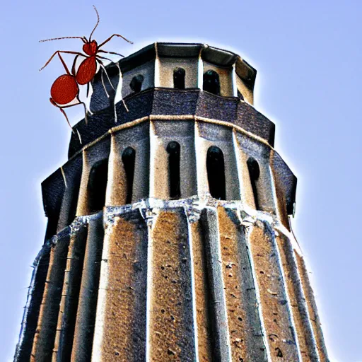 Prompt: tower from the perspective of an ant