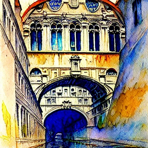 Image similar to the bridge of sighs in the style of vrubel, watercolor, pastel colors