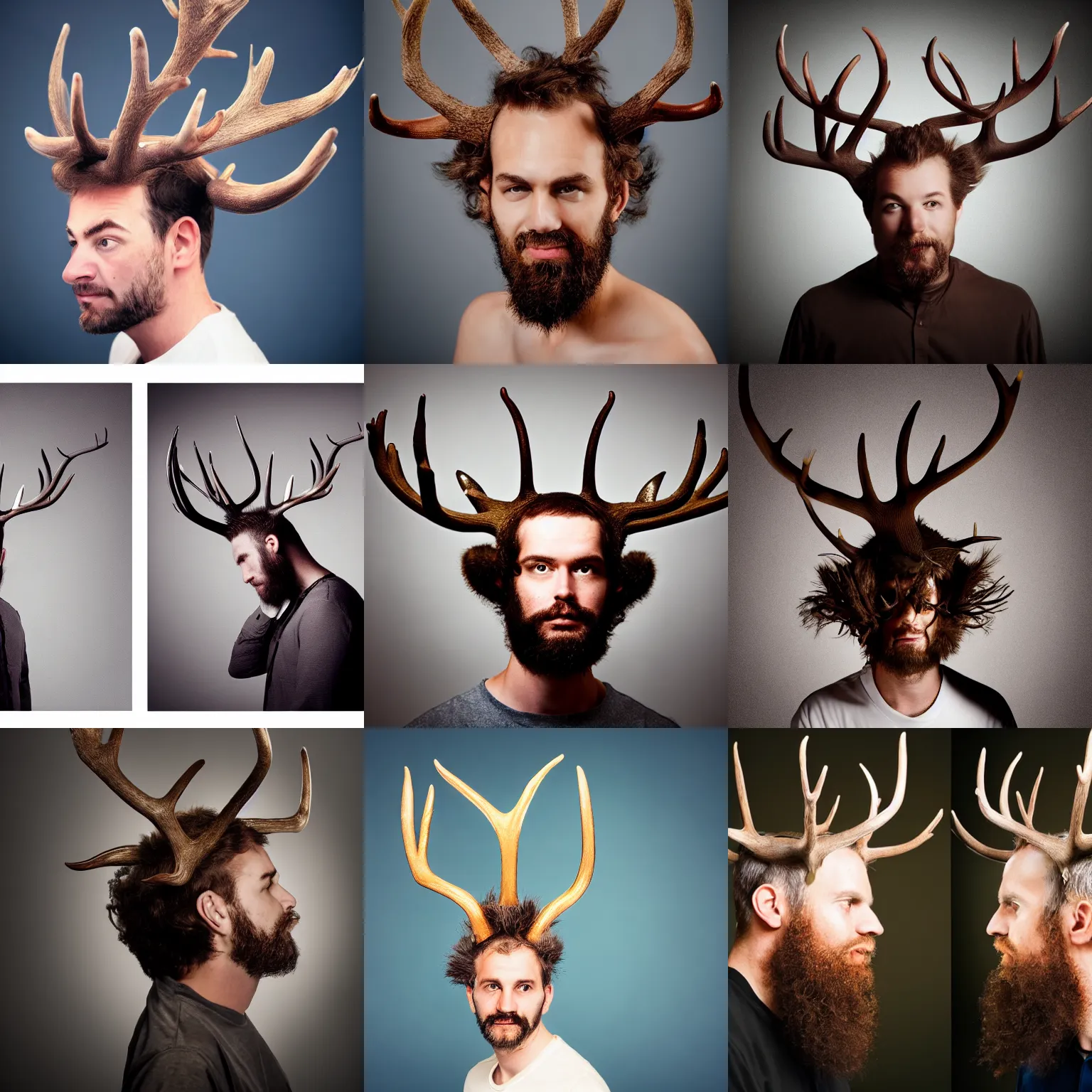 Prompt: man with mighty antlers growing out of his head. professional studio photography. low saturation. dark background.