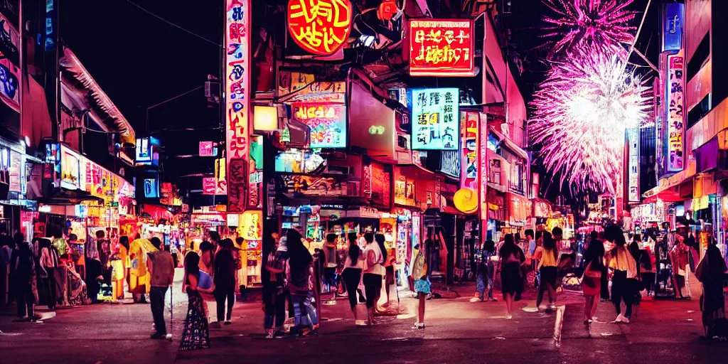 Image similar to street scene outside a japanese fireworks shop with people drinking and being happy, artistic shot, dynamic lighting, night time, neon lights