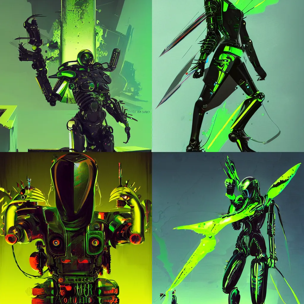 Prompt: robot assassin, acid green, dripping, straight sword, syd mead color palette, vespertine, leather jackets, highly detailed, spines and spikes, digital art, artstation, concept art