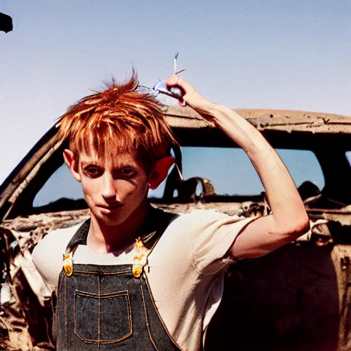 Image similar to close up headshot of a skinny high-fantasy elf with a long face narrow chin and spiky blonde hair wearing dark brown overalls and holding a bomb next to a destroyed car, high resolution film still