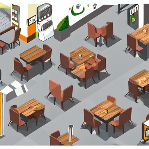 Image similar to isometric cartoon of funky recreational cannabis cafe area, coffee machine, aluminum sheen, people drinking coffee and smoking cannabis, only 2 tables chairs, 4 cannabis pots, by benoit mandelbrot, low poly cute minimal interior design concept art illustrated by anni albers, 2 d game art