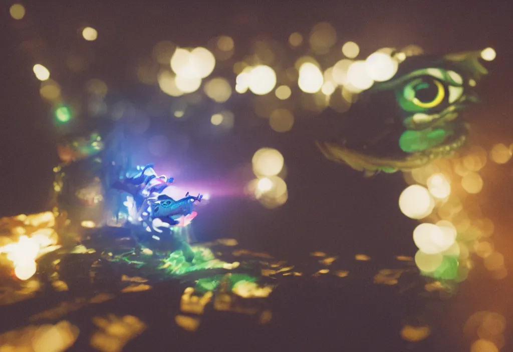 Image similar to dragon popping out of screens, volumetric lighting, bedroom, visor, users, pair of keycards on table, bokeh, creterion collection, shot on 7 0 mm, instax