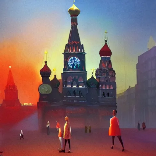 Prompt: a painting of fire on Red Square in Moscow, a watercolor and matte painting by Beeple and RHADS and maxfield parrish, cgsociety, brutalism, dystopian art, sci-fi, artstation hq