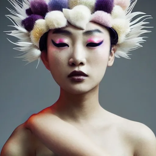 Image similar to a beautiful young female asian model wearing a headpiece made by maiko takeda, photoshot by erwin olaf