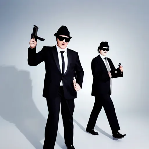 Image similar to blues brothers walking towards camera with white background. wearing suits. strong shadows. high contrast. serious look. carrying a pistol