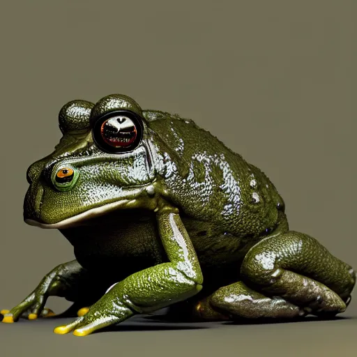 Image similar to photograph of batman cane toad, wearing smooth froggy batsuit, alluring hero pose, its just a frog wearing a batman costume, painterly, breathtaking stande, triumphant, ornate, intricate, hyper detailed, accent lighting, dramatic light, 4 k octane render