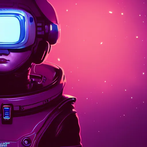 Image similar to cyberpunk astronaut bot, cinema 4 d, galaxy space sci - fi, wearing vr goggles, illustration, portrait, pastel neon textured background night, trending on artstation, greg rutkowski, octane rendered, 1 2 k, detailed,