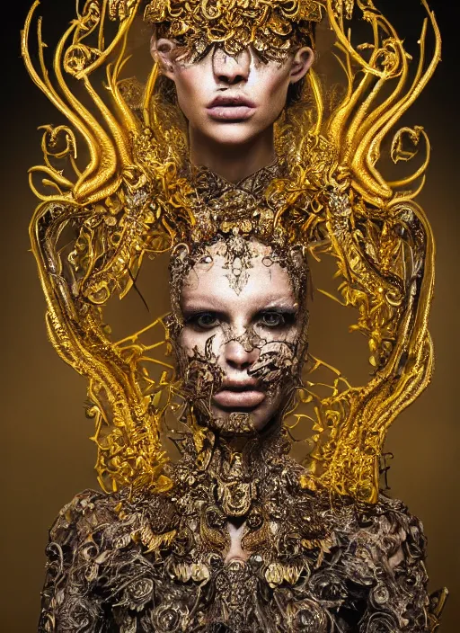 Image similar to a portrait of female model by stefan geselle and nekro borja, photorealistic, intricate details, hyper realistic, fantasy, ornate metal gold headpiece, photorealistic, canon r 3, photography, wide shot, photography, dark beauty, symmetrical features, wide angle shot, whole body, full body shot, standing pose