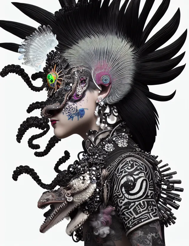 Image similar to 3 d goddess close - up profile portrait punk with mohawk with ram skull. beautiful intricately detailed japanese crow kitsune mask and clasical japanese kimono. betta fish, jellyfish phoenix, bio luminescent, plasma, ice, water, wind, creature, artwork by tooth wu and wlop and beeple and greg rutkowski