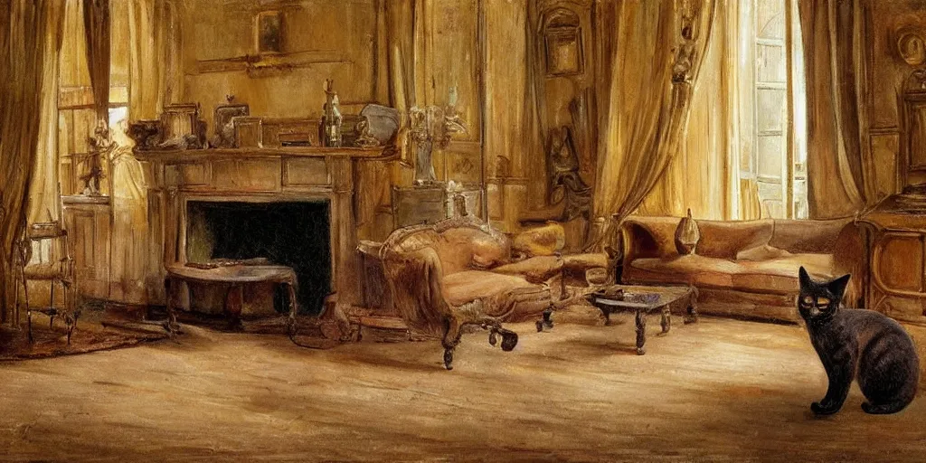 Image similar to brown cat with yellow eyes is sitting at sofa in a draw room at paris in early 2 0 th century. big room, high ceiling, high windows, atmospheric feeling, warm colours, brown colours, yellow colours, epic scene, cinematic, very detailed, hyperrealistic painting style