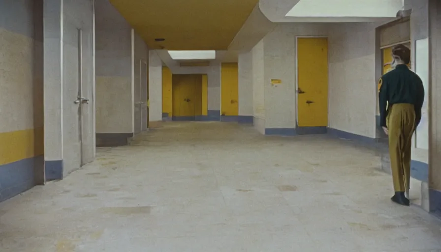 Image similar to 60s movie still of a sovietic stalinist style empty bunker hallway with yellow tiles, cinestill 800t 50mm eastmancolor, liminal Space style, heavy grain