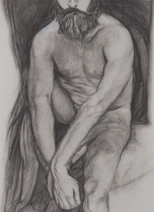 Prompt: portrait of a 23 year old man with long dark hair and a beard looking down on a canvas he is holding on his lap,charcoal drawing, psychedelic, in a minimalistic style