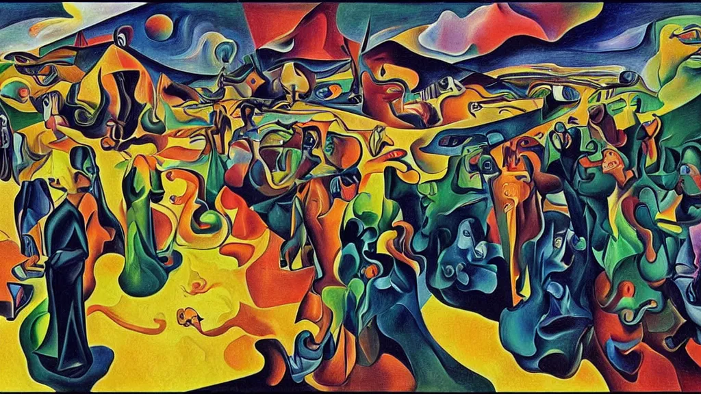 Prompt: unholy gathering, 4K, Futurism & Fauvism, colorized, by collaboration of Salvador Dali, Van Gogh and M. C. Escher