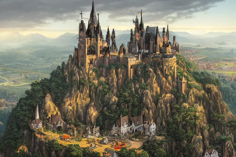 Image similar to an ultra detailed matte landscape painting of an german medieval capital city built into the side of a mountain, gothic architecture, sweeping vista, a large highway leading to tiny coastal fishing village very far away, ultrawide lens, aerial photography, 8 k, volumetric lighting, smooth, highly detailed, digital illustration, art by greg rutkowski and akira toriyama and artgerm