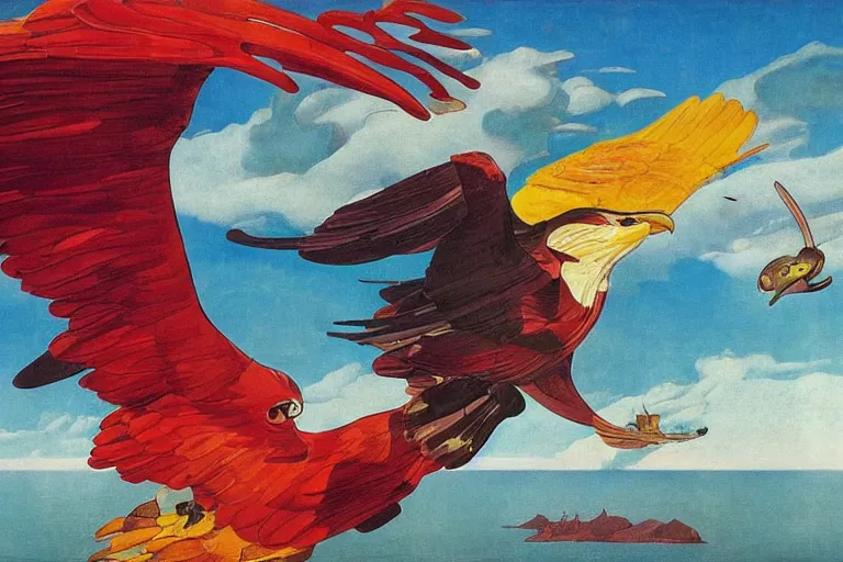 Prompt: colourful bird of prey flying over a tropical island, fluid, smooth, bright, colours, high contrast, sharpness, very detailed, intricate, by dali, magritte, edvard munch, da vinci, donato giancola, richard corben, zdzisław beksinski, moebius, francis bacon, studio ghibli, mucha and studio disney