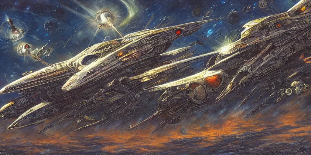 Prompt: sci-fi spaceship by dan seagrave art