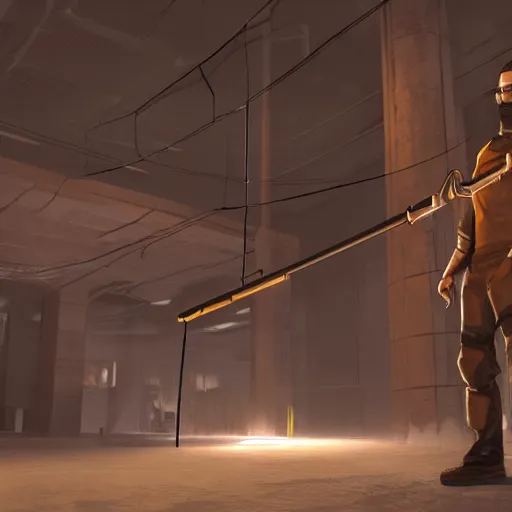 Prompt: high depth, published concept art, halflife 3 gordon freeman standing tall with soft lighting