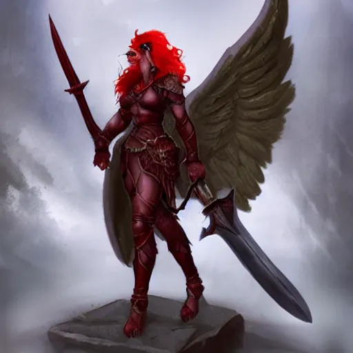 Image similar to a battle ready red haired valkyrie with gargoyle wings and a fiery sword, fantasy concept art