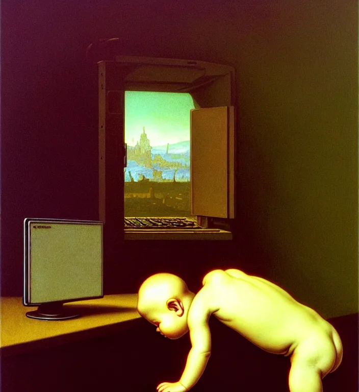 Prompt: boy looking at the PC computer from 90s by Laurie Lipton, grainy film kodak by beksinski carl spitzweg moebius and tuomas korpi. baroque elements. baroque element. intricate artwork by caravaggio. Oil painting. Trending on artstation. 8k