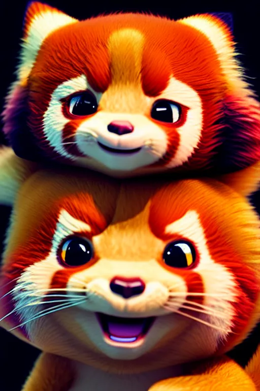 Prompt: high quality 3 d render hyperrealist very cute happy red panda & cat hybrid, vray smooth, detective pikachu, very dramatic light, low angle, uhd 8 k, shallow depth or field