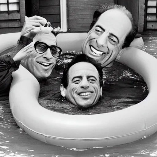 Image similar to jerry seinfeld drowning jim varney in an inflatable kids pool as barney looks on and laughs in the background highly detailed award winning photo