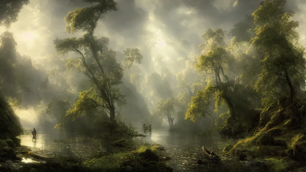 Image similar to [ searching for tom bombadil ] andreas achenbach, artgerm, mikko lagerstedt, zack snyder, tokujin yoshioka