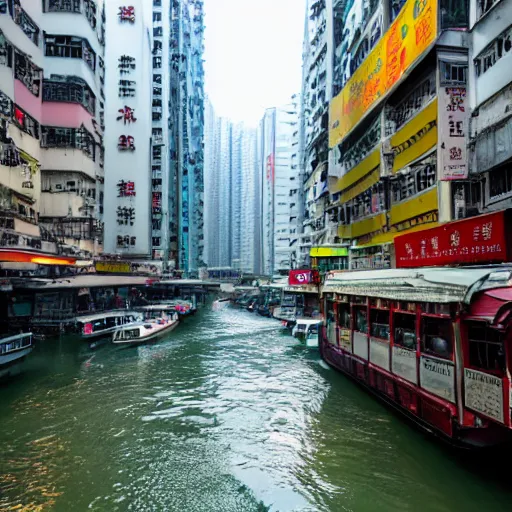 Prompt: streets of hong kong, river flowing through streets